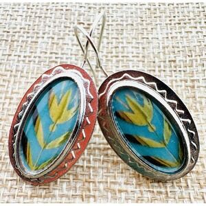 Silver Framed Green & Teal Flower Portrait Earrings